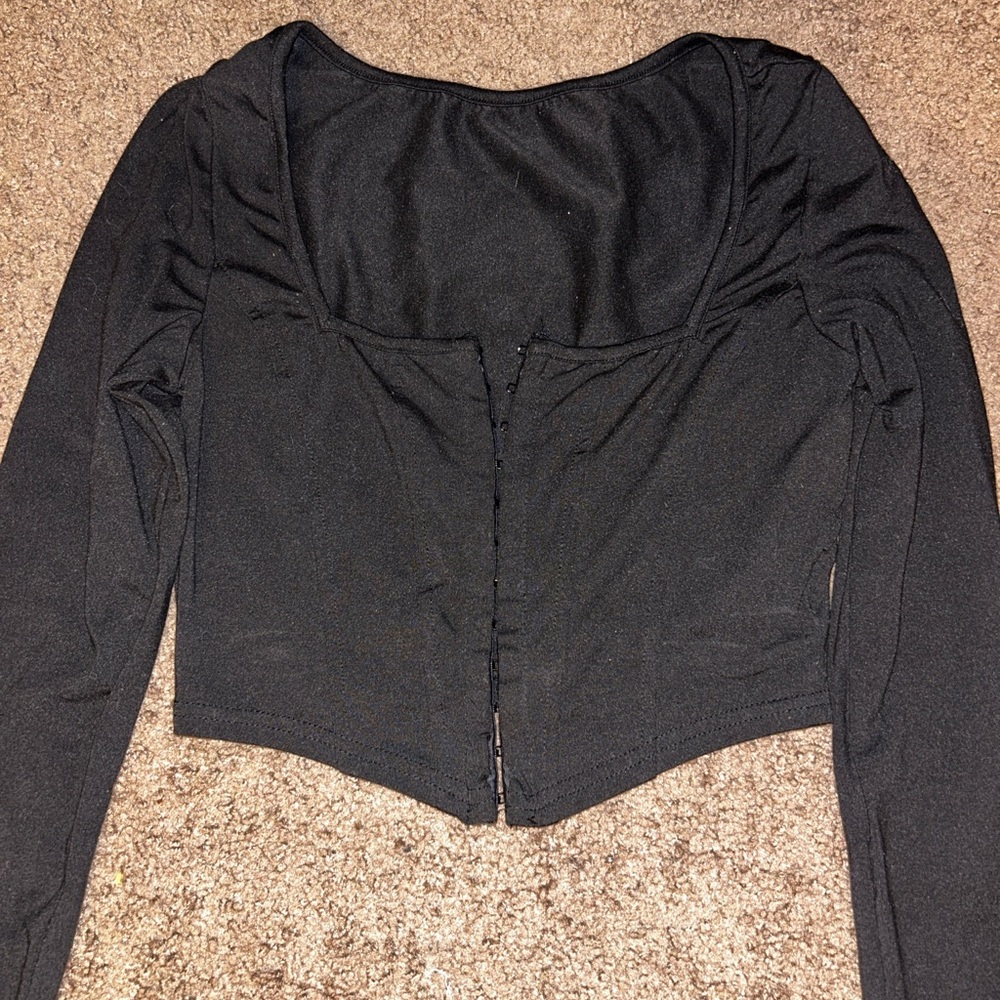SHEIN Women solid square neck fitted cropped long sleeve black cardigan